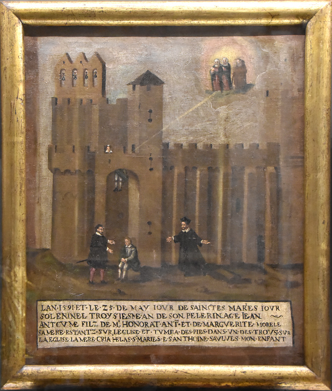 Ex-voto Provence 1591. Homme tombé du toit de l'église. Église des Saintes-Maries-de-la-Mer (Camargue). Photo Serge Panarotto.