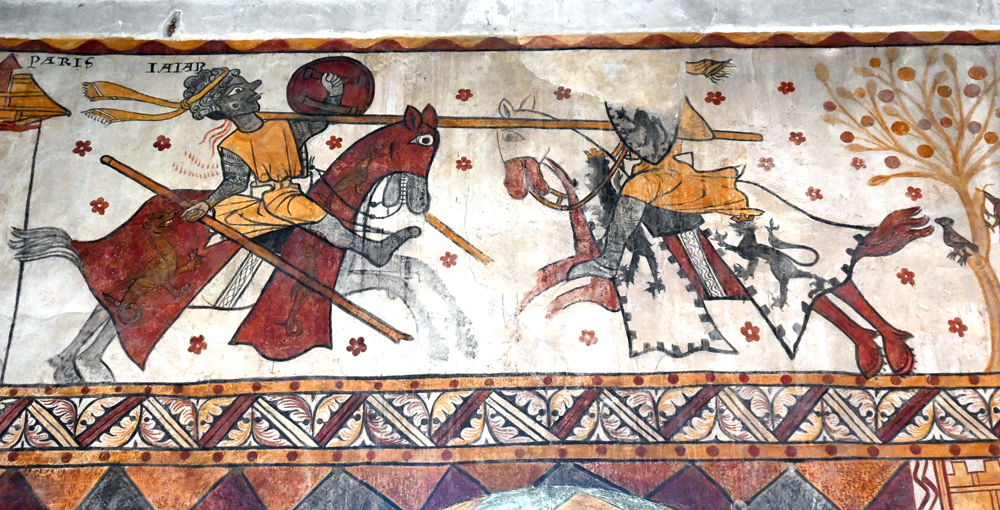 Le sarrasin Isoré tué lors d'un duel par Guillaume d'Orange. Fresques du XIIIe siècle. Tour Ferrande. Pernes-les-Fontaines (84). Photo Serge Panarotto.