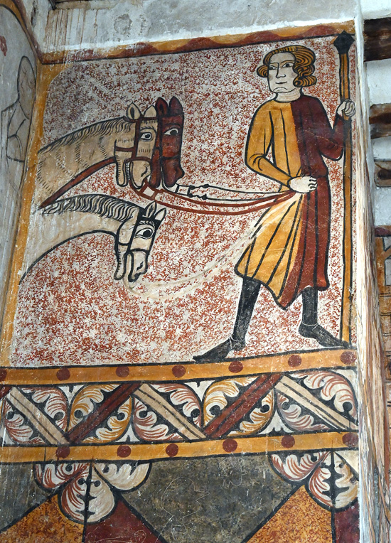 Ecuyer et chevaux. Fresques du XIIIe siècle. Tour Ferrande. Pernes-les-Fontaines (84). Photo Serge Panarotto.